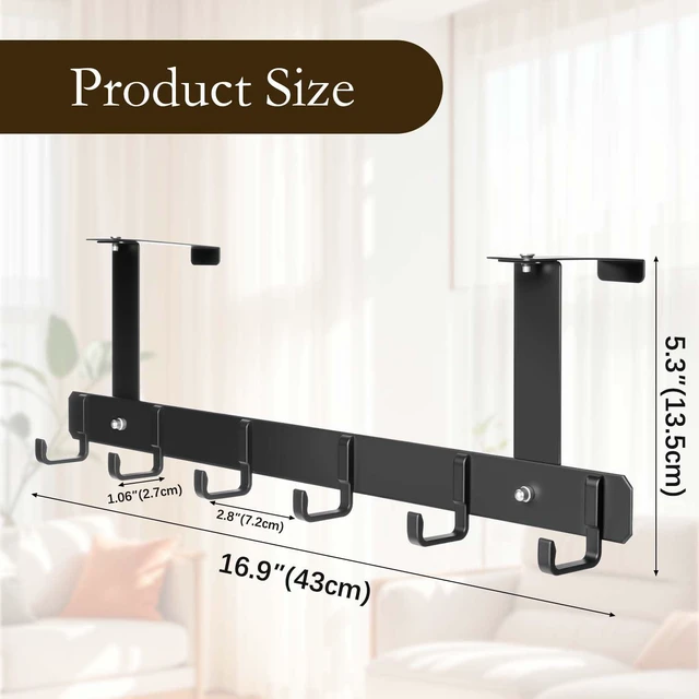 Alt view image 3 of 7 - Adjustable Over-the-Door Hooks, Heavy-Duty Metal Door Hanger with 6 Hooks, No-Drill Coat & Towel Hooks for Bathroom, Bedroom, Closet & Office, Black, 1 Pack