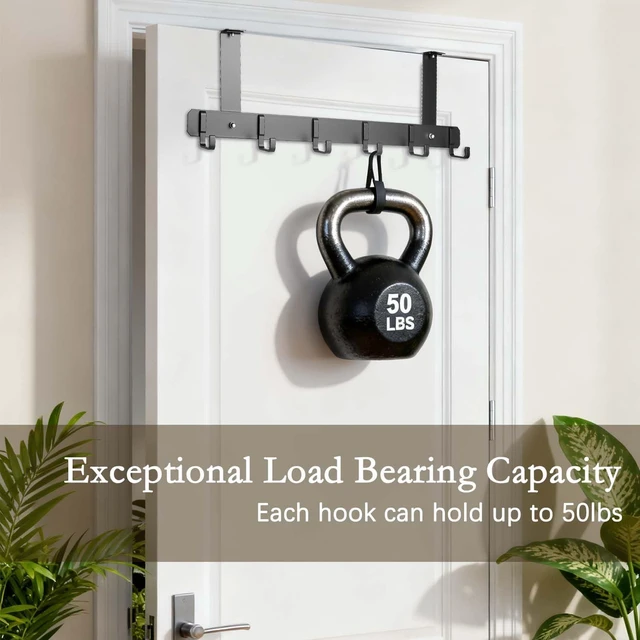 Alt view image 4 of 7 - Adjustable Over-the-Door Hooks, Heavy-Duty Metal Door Hanger with 6 Hooks, No-Drill Coat & Towel Hooks for Bathroom, Bedroom, Closet & Office, Black, 1 Pack