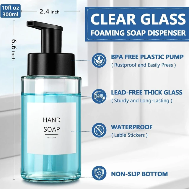 Alt view image 4 of 7 - Foaming Soap Dispenser, 10 oz/300ml Foaming Hand Soap Dispenser, 2 Pack Glass Foaming Soap Dispenser for Bathroom Kitchen, Clear Refillable Foam Soap Dispenser Bottle with Waterproof Labels