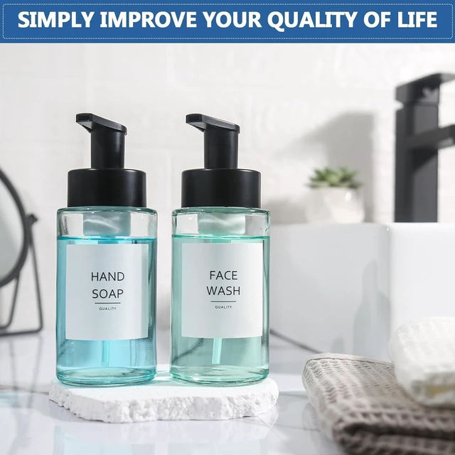 Alt view image 7 of 7 - Foaming Soap Dispenser, 10 oz/300ml Foaming Hand Soap Dispenser, 2 Pack Glass Foaming Soap Dispenser for Bathroom Kitchen, Clear Refillable Foam Soap Dispenser Bottle with Waterproof Labels