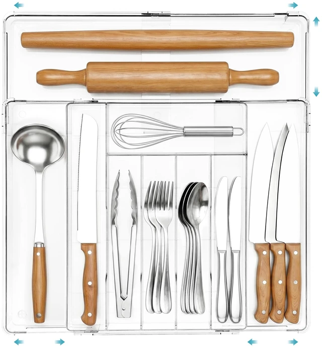 Main image of Expandable Silverware Organizer, Kitchen Drawer Tray, 6-9 Slots | Adjustable Flatware Organizer Expands to Fit Drawers, Organize Spoons, Forks, Knives and Kitchen Utensils with Easy Access
