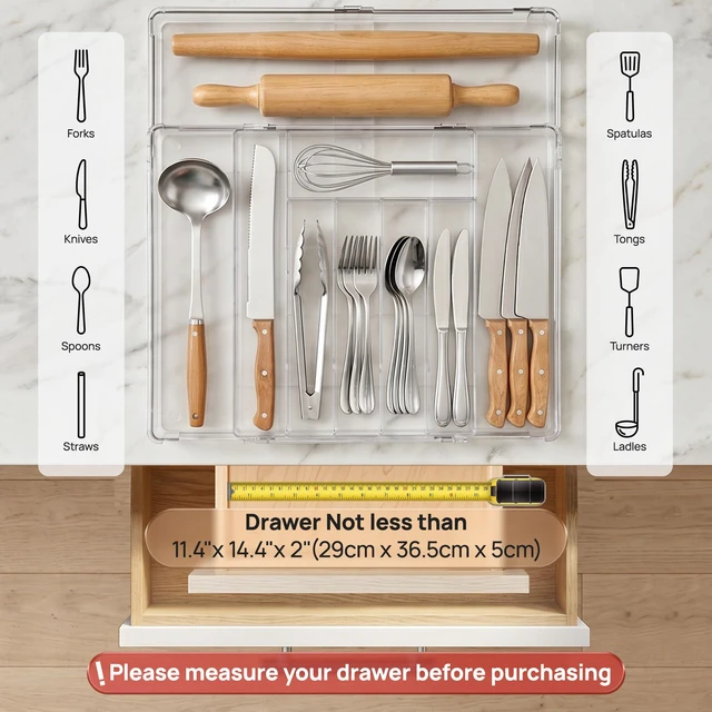 Alt view image 6 of 7 - Expandable Silverware Organizer, Kitchen Drawer Tray, 6-9 Slots | Adjustable Flatware Organizer Expands to Fit Drawers, Organize Spoons, Forks, Knives and Kitchen Utensils with Easy Access