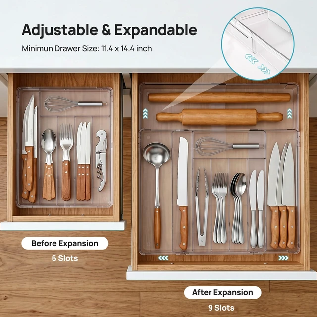 Alt view image 4 of 7 - Expandable Silverware Organizer, Kitchen Drawer Tray, 6-9 Slots | Adjustable Flatware Organizer Expands to Fit Drawers, Organize Spoons, Forks, Knives and Kitchen Utensils with Easy Access