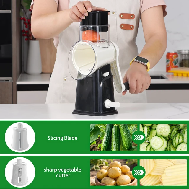 Alt view image 2 of 7 - Rotary Cheese Grater Cheese Shredder with 5 Interchangeable Blades, Rotary Grater with Non-slip Suction Base Hand Crank Slicer for Vegetable Nuts BLACK