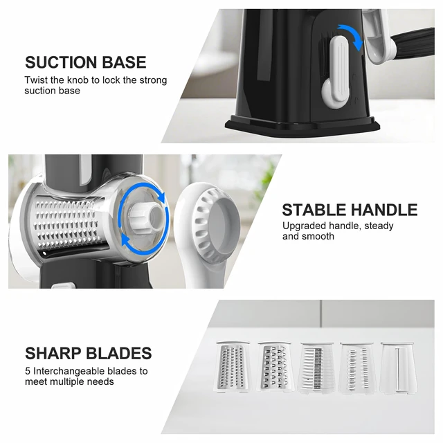 Alt view image 4 of 7 - Rotary Cheese Grater Cheese Shredder with 5 Interchangeable Blades, Rotary Grater with Non-slip Suction Base Hand Crank Slicer for Vegetable Nuts BLACK