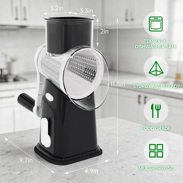 Alt view image 6 of 7 - Rotary Cheese Grater Cheese Shredder with 5 Interchangeable Blades, Rotary Grater with Non-slip Suction Base Hand Crank Slicer for Vegetable Nuts BLACK