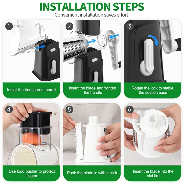 Alt view image 7 of 7 - Rotary Cheese Grater Cheese Shredder with 5 Interchangeable Blades, Rotary Grater with Non-slip Suction Base Hand Crank Slicer for Vegetable Nuts BLACK