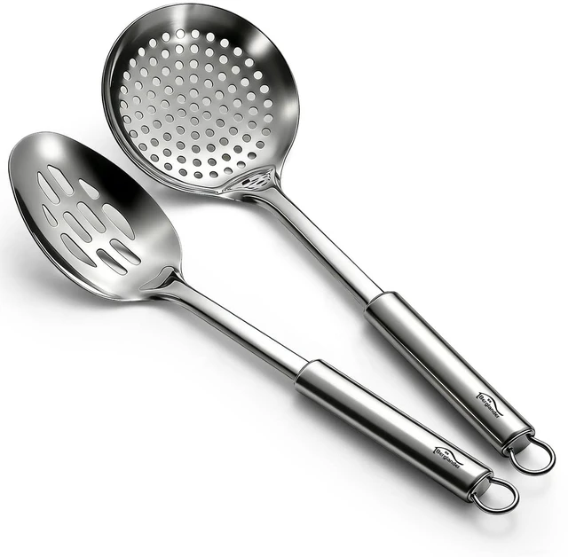 Main image of Kitchen Skimmer Slotted Spoons for Straining 2 pcs 13", Stainless Steel Kitchen Spider Strainer Ladle Spoon for Straining Pasta/Cooking/Frying/Noodle, Metal Kitchen Utensils Pasta Spoon