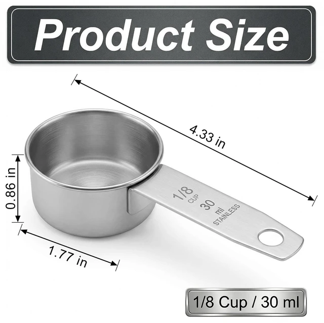 Alt view image 2 of 7 - 1/8 Cup Stainless Steel Measuring Cup, 30 ml Cooking Measure Scoop, 1 oz Measure Cup Tablespoon with Handle for Dry and Wet Food, Metal Coffee Scoop for Cooking Drinking Baking