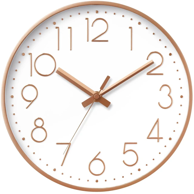 Main image of Wall Clock 8 Inch Rose Gold Decorative, Battery Operated Silent | Bold 3D Numbers Easy Read; Silent Non Ticking; Battery Operated, 1 AA Not Included; For Classroom, Bathroom, Living Room