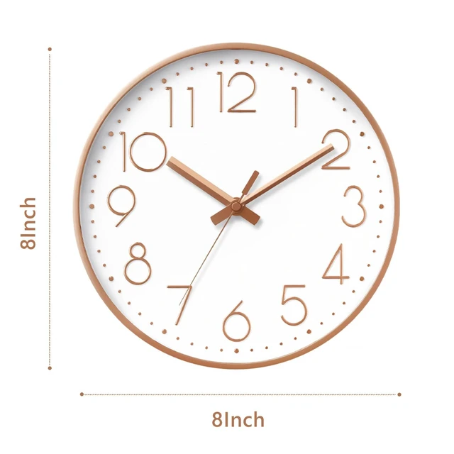 Alt view image 3 of 6 - Wall Clock 8 Inch Rose Gold Decorative, Battery Operated Silent | Bold 3D Numbers Easy Read; Silent Non Ticking; Battery Operated, 1 AA Not Included; For Classroom, Bathroom, Living Room
