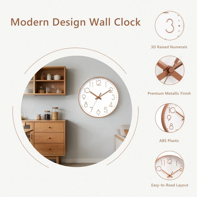 Alt view image 5 of 6 - Wall Clock 8 Inch Rose Gold Decorative, Battery Operated Silent | Bold 3D Numbers Easy Read; Silent Non Ticking; Battery Operated, 1 AA Not Included; For Classroom, Bathroom, Living Room