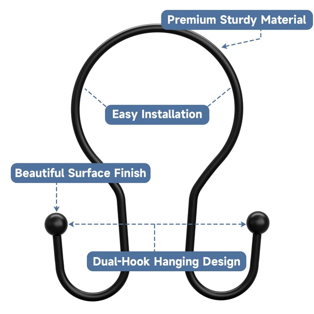 Alt view image 4 of 7 - Shower Curtain Hooks Rings, Rust Resistant Metal Minimalist Simple Double Glide Shower Hooks for Bathroom Shower Rods Curtains, Set of 12 Hooks - Black