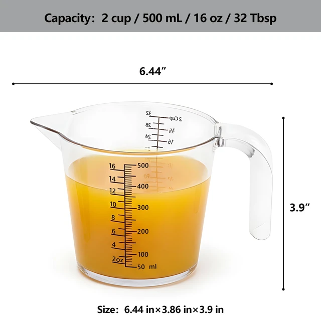 Alt view image 2 of 7 - 2 Cup (500ml) Measuring Cup, Laser-Etched oz/cup/mL/Tbsp, Plastic Measuring Cup with Handle for Cooking, Mixing & Kitchen Use