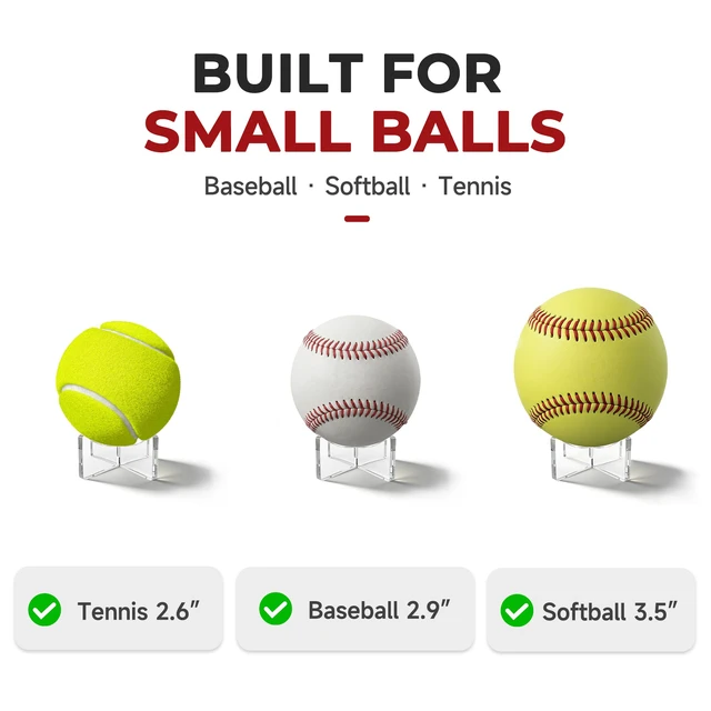 Alt view image 2 of 4 - 6-Pack Clear Acrylic Baseball Display Stand, Softball Ball Holder | Fits 2-4.5 in round balls: tennis 2.6, baseball 2.9, softball 3.5; clear 4mm ball stands, polished edges, no tools