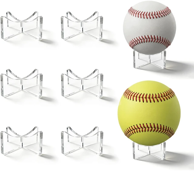 Main image of 6-Pack Clear Acrylic Baseball Display Stand, Softball Ball Holder | Fits 2-4.5 in round balls: tennis 2.6, baseball 2.9, softball 3.5; clear 4mm ball stands, polished edges, no tools