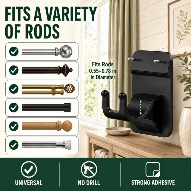Alt view image 2 of 7 - No Drill Curtain Rod Brackets, 8-Pack Adhesive Hooks with Invisible Nails | Rental Friendly Curtain Rod Holders, Compact 30 lb Brackets for Apartments, Bathrooms, Kitchens, Bedrooms, RVs and Blinds