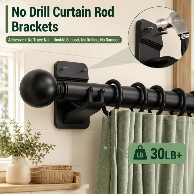 Alt view image 4 of 7 - No Drill Curtain Rod Brackets, 8-Pack Adhesive Hooks with Invisible Nails | Rental Friendly Curtain Rod Holders, Compact 30 lb Brackets for Apartments, Bathrooms, Kitchens, Bedrooms, RVs and Blinds