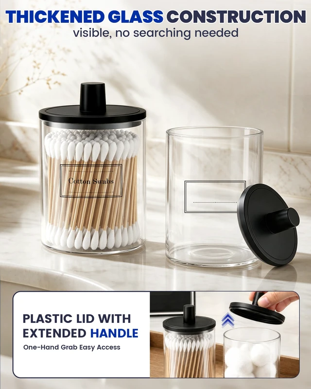 Alt view image 2 of 7 - Glass Qtip Holder Dispenser - 4 Pack, Bathroom Decor and Organizer | Clear Canister Apothecary Jars with Lids for Cotton Swabs, Balls, Pads, Floss Picks, Vanity Bathroom Accessories Storage Set