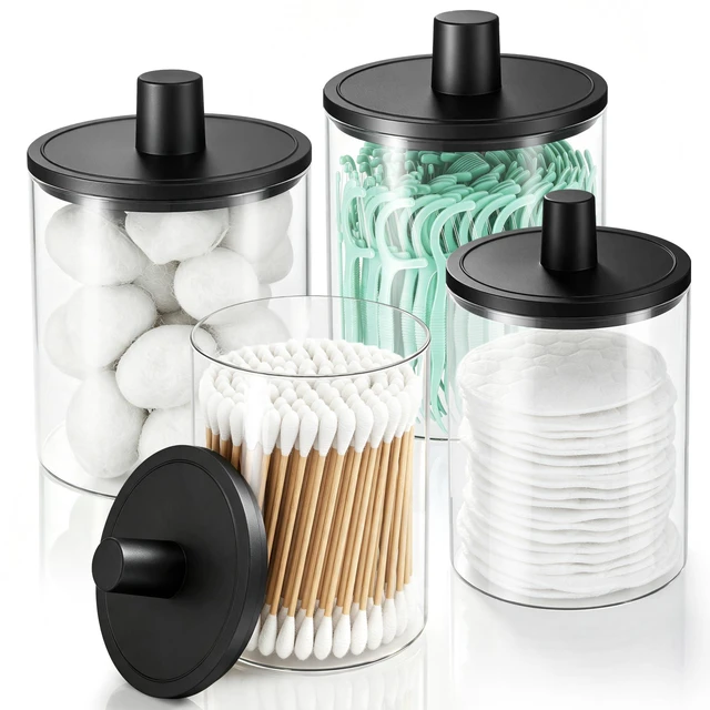 Main image of Glass Qtip Holder Dispenser - 4 Pack, Bathroom Decor and Organizer | Clear Canister Apothecary Jars with Lids for Cotton Swabs, Balls, Pads, Floss Picks, Vanity Bathroom Accessories Storage Set