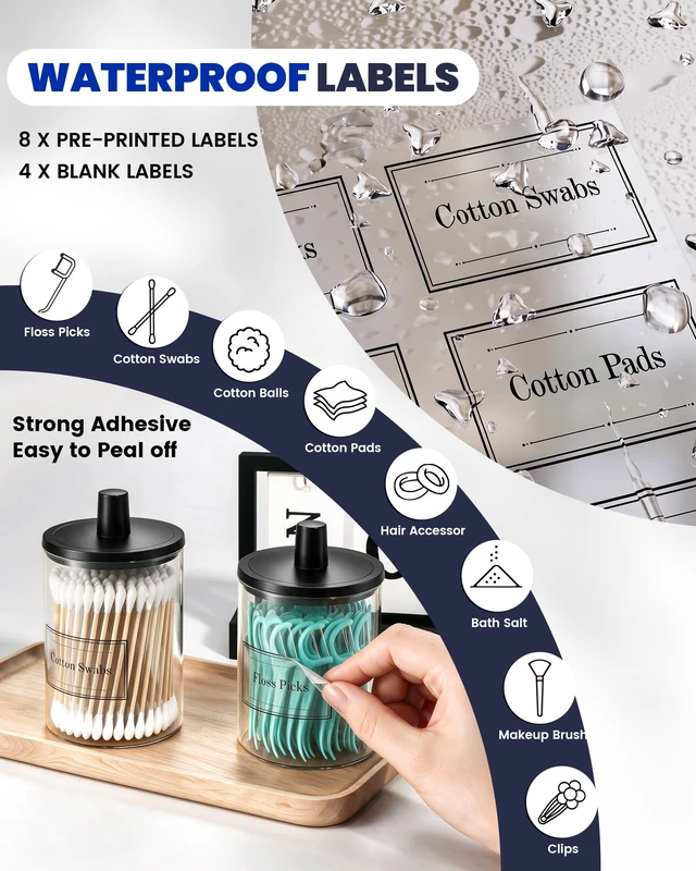 Alt view image 4 of 7 - Glass Qtip Holder Dispenser - 4 Pack, Bathroom Decor and Organizer | Clear Canister Apothecary Jars with Lids for Cotton Swabs, Balls, Pads, Floss Picks, Vanity Bathroom Accessories Storage Set
