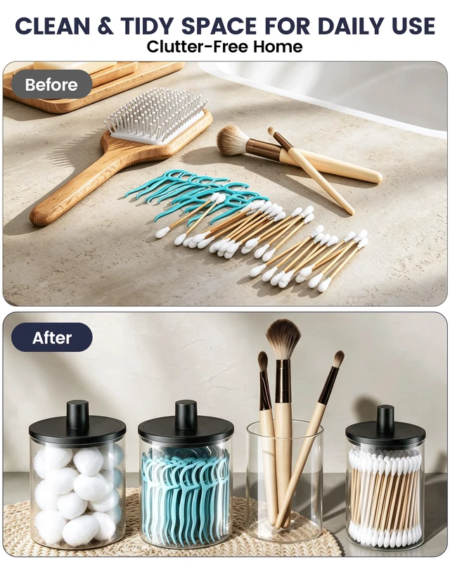 Alt view image 5 of 7 - Glass Qtip Holder Dispenser - 4 Pack, Bathroom Decor and Organizer | Clear Canister Apothecary Jars with Lids for Cotton Swabs, Balls, Pads, Floss Picks, Vanity Bathroom Accessories Storage Set