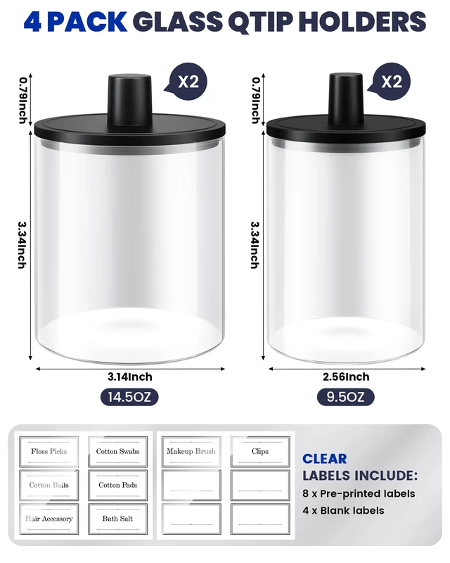 Alt view image 3 of 7 - Glass Qtip Holder Dispenser - 4 Pack, Bathroom Decor and Organizer | Clear Canister Apothecary Jars with Lids for Cotton Swabs, Balls, Pads, Floss Picks, Vanity Bathroom Accessories Storage Set