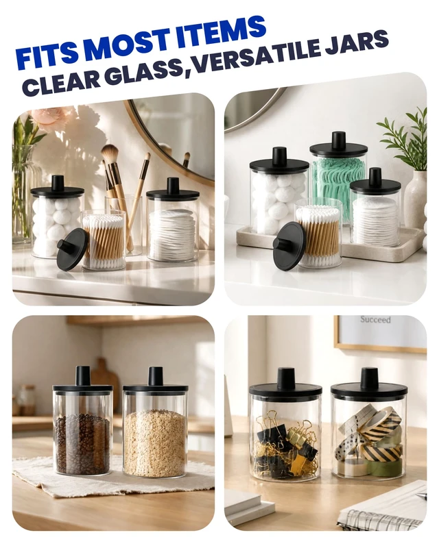 Alt view image 6 of 7 - Glass Qtip Holder Dispenser - 4 Pack, Bathroom Decor and Organizer | Clear Canister Apothecary Jars with Lids for Cotton Swabs, Balls, Pads, Floss Picks, Vanity Bathroom Accessories Storage Set