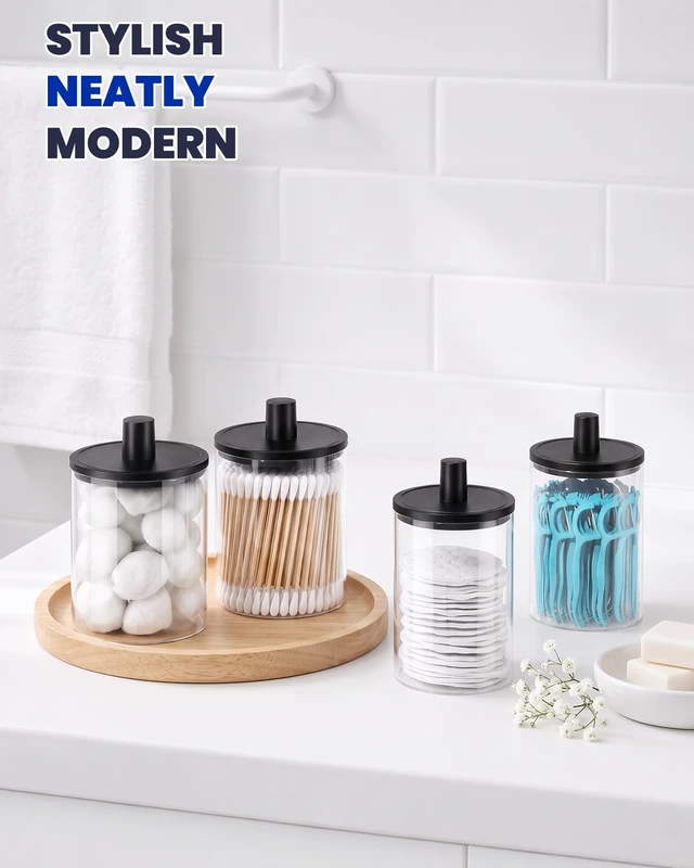 Alt view image 7 of 7 - Glass Qtip Holder Dispenser - 4 Pack, Bathroom Decor and Organizer | Clear Canister Apothecary Jars with Lids for Cotton Swabs, Balls, Pads, Floss Picks, Vanity Bathroom Accessories Storage Set