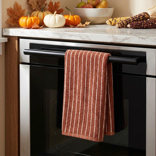 Alt view image 2 of 7 - 2-Piece Terracotta Striped Hand Towels - Fall Kitchen & Bathroom Towels | 13" x 29", Rustic Autumn Decor