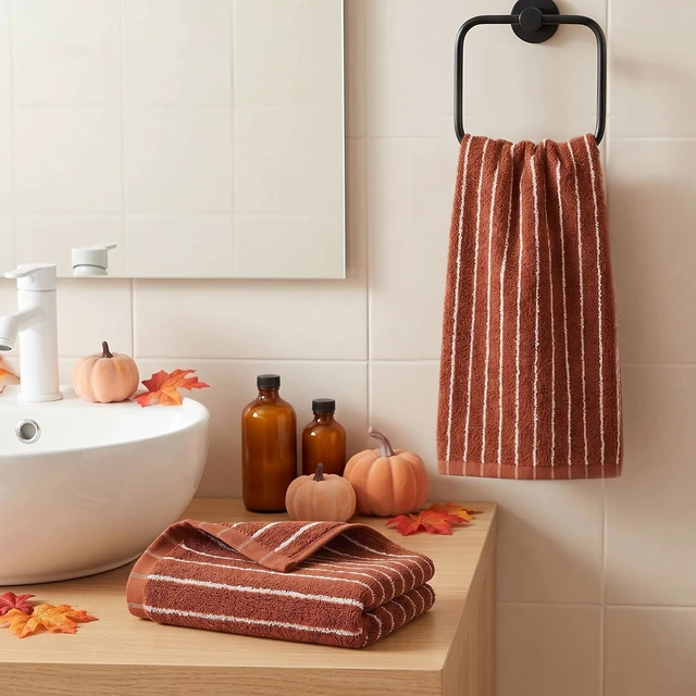 Alt view image 3 of 7 - 2-Piece Terracotta Striped Hand Towels - Fall Kitchen & Bathroom Towels | 13" x 29", Rustic Autumn Decor