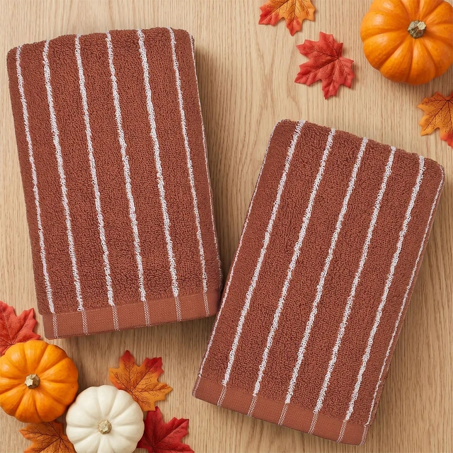 Alt view image 4 of 7 - 2-Piece Terracotta Striped Hand Towels - Fall Kitchen & Bathroom Towels | 13" x 29", Rustic Autumn Decor