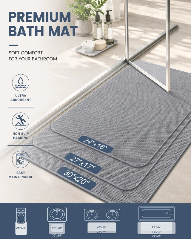 Alt view image 2 of 5 - Toilet Rugs U Shaped 20x20, Non Slip Rubber Washable Bath Mat | Grey, Low Pile Quick Dry Absorbent Bath Mat for Bathroom Floors, Tub, Sink, Shower Outside, Home Decor Accessories