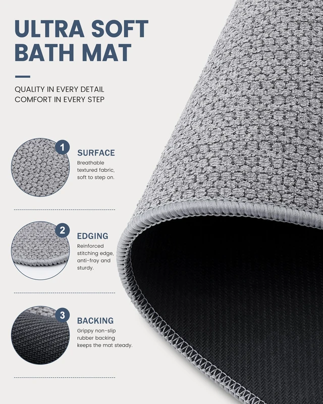 Alt view image 4 of 5 - Toilet Rugs U Shaped 20x20, Non Slip Rubber Washable Bath Mat | Grey, Low Pile Quick Dry Absorbent Bath Mat for Bathroom Floors, Tub, Sink, Shower Outside, Home Decor Accessories