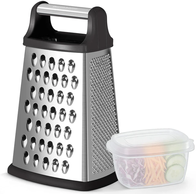 Main image of Ourokhome Cheese Grater, Handheld Box Grater with Container & Lid, 4-Sided Stainless Steel for Kitchen, Wavy Julienne, Slicer, Coarse Shred & Fine Zester, Non-Slip Base, Dishwasher Safe, 8 Inch