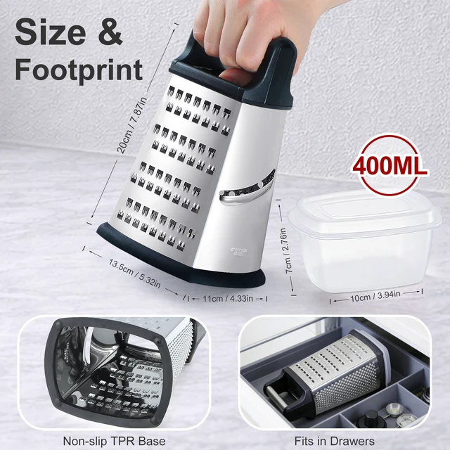 Alt view image 2 of 7 - Ourokhome Cheese Grater, Handheld Box Grater with Container & Lid, 4-Sided Stainless Steel for Kitchen, Wavy Julienne, Slicer, Coarse Shred & Fine Zester, Non-Slip Base, Dishwasher Safe, 8 Inch