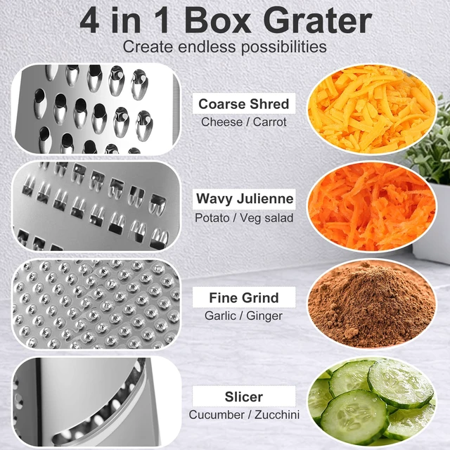 Alt view image 3 of 7 - Ourokhome Cheese Grater, Handheld Box Grater with Container & Lid, 4-Sided Stainless Steel for Kitchen, Wavy Julienne, Slicer, Coarse Shred & Fine Zester, Non-Slip Base, Dishwasher Safe, 8 Inch
