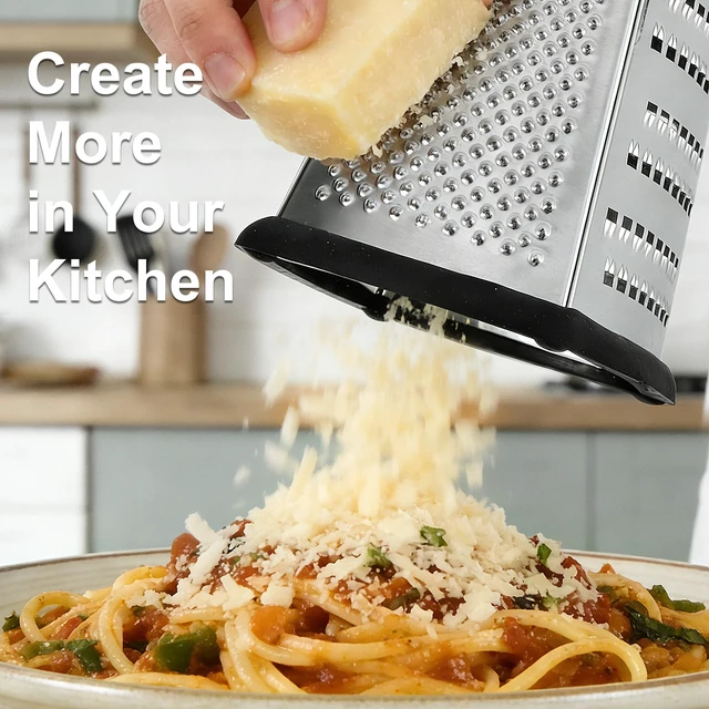 Alt view image 6 of 7 - Ourokhome Cheese Grater, Handheld Box Grater with Container & Lid, 4-Sided Stainless Steel for Kitchen, Wavy Julienne, Slicer, Coarse Shred & Fine Zester, Non-Slip Base, Dishwasher Safe, 8 Inch