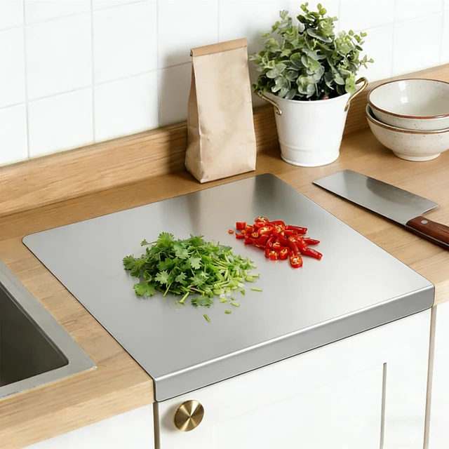 Alt view image 6 of 7 - L-Shaped Stainless Steel Cutting Board with Lip, 15.7 x 11.8 in | Includes a non-slip mat and gift box with a double-sided prep surface for meat, produce, bread, and dough