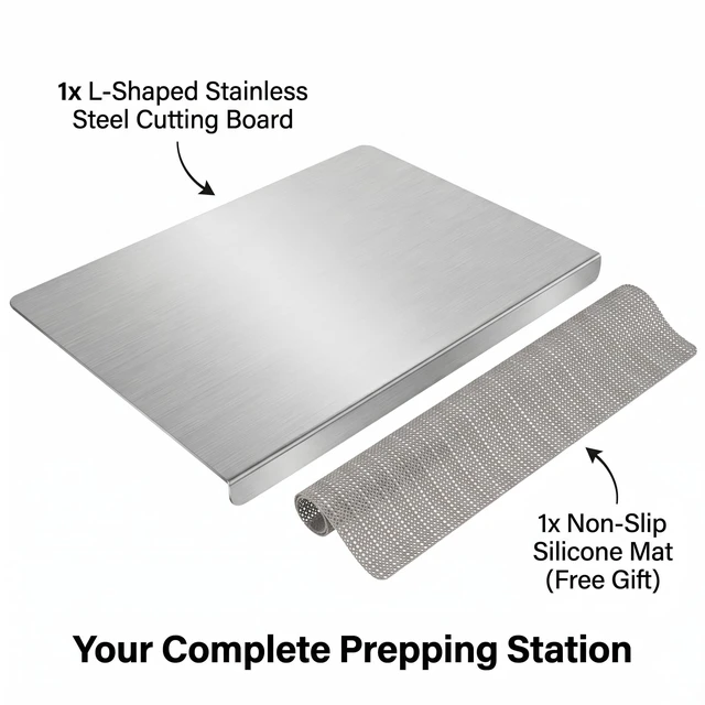 Alt view image 5 of 7 - L-Shaped Stainless Steel Cutting Board with Lip, 15.7 x 11.8 in | Includes a non-slip mat and gift box with a double-sided prep surface for meat, produce, bread, and dough