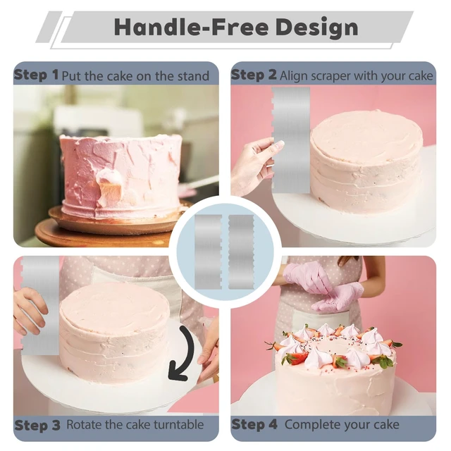 Alt view image 6 of 7 - 2 Pcs Stainless Metal Cake Scraper Smoother Double Sided Patterned Edge Cake Decorating Supplies Spatula Frosting Icing Tools Comb for Icing Cakes Buttercream Decorating