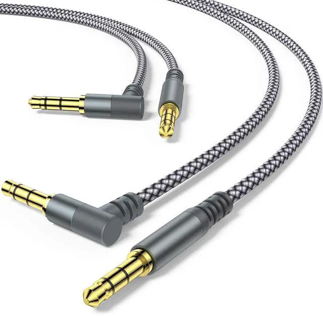 Main image of 2-Pack 3.5mm (1/8") TRS Auxiliary Audio Cable (10 ft / ~3m) with 90-Degree Right-Angle Plug and Nylon Braided Jacket; Compatible with Car Audio Systems, Speakers, iPods/iPads/Smartphones, Sony Headpho