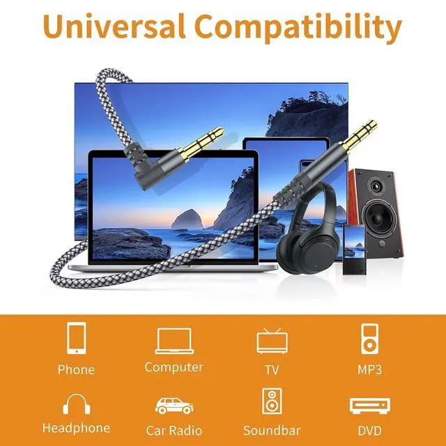 Alt view image 3 of 7 - 2-Pack 3.5mm (1/8") TRS Auxiliary Audio Cable (10 ft / ~3m) with 90-Degree Right-Angle Plug and Nylon Braided Jacket; Compatible with Car Audio Systems, Speakers, iPods/iPads/Smartphones, Sony Headpho