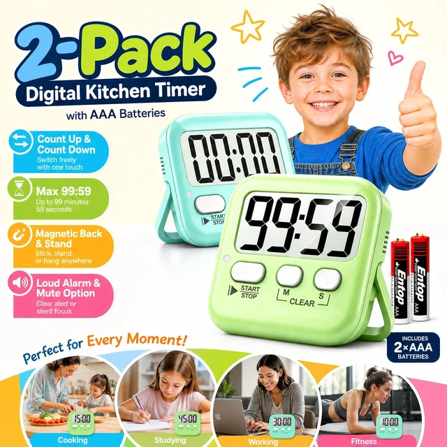 Alt view image 2 of 7 - 2 Pack Digital Timer for Kids Classroom Kitchen Timers for Cooking | With 2*AAA Battery, Count Up / Down, Loud Alarm & Silent FlashLight Mode, Magnetic Back, Kickstand, School Teacher Supplies