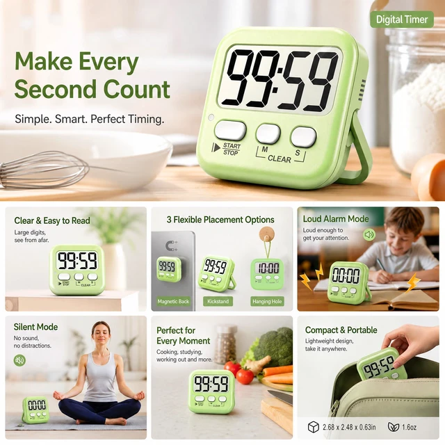 Alt view image 4 of 7 - 2 Pack Digital Timer for Kids Classroom Kitchen Timers for Cooking | With 2*AAA Battery, Count Up / Down, Loud Alarm & Silent FlashLight Mode, Magnetic Back, Kickstand, School Teacher Supplies