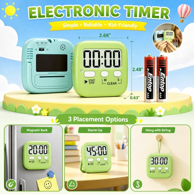 Alt view image 5 of 7 - 2 Pack Digital Timer for Kids Classroom Kitchen Timers for Cooking | With 2*AAA Battery, Count Up / Down, Loud Alarm & Silent FlashLight Mode, Magnetic Back, Kickstand, School Teacher Supplies