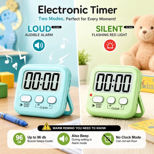 Alt view image 6 of 7 - 2 Pack Digital Timer for Kids Classroom Kitchen Timers for Cooking | With 2*AAA Battery, Count Up / Down, Loud Alarm & Silent FlashLight Mode, Magnetic Back, Kickstand, School Teacher Supplies