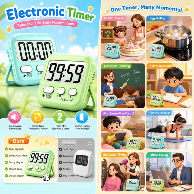 Alt view image 7 of 7 - 2 Pack Digital Timer for Kids Classroom Kitchen Timers for Cooking | With 2*AAA Battery, Count Up / Down, Loud Alarm & Silent FlashLight Mode, Magnetic Back, Kickstand, School Teacher Supplies