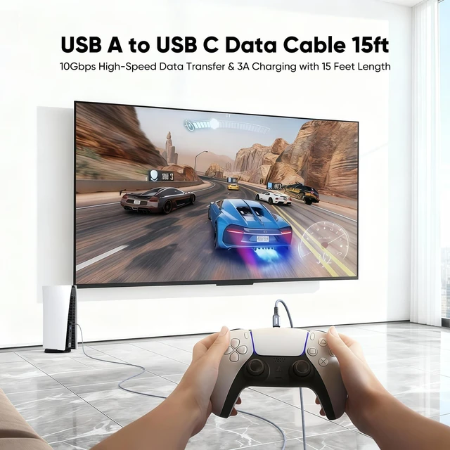 Alt view image 2 of 7 - USB C Data Cable 15ft Long, USB3.2 A to Type-C 10Gbps Transfer & 3A Charge | High Speed Cord for Galaxy S26, iPhone 17, PS5, Stream Deck, WebCam, Dash Cam, PC and More