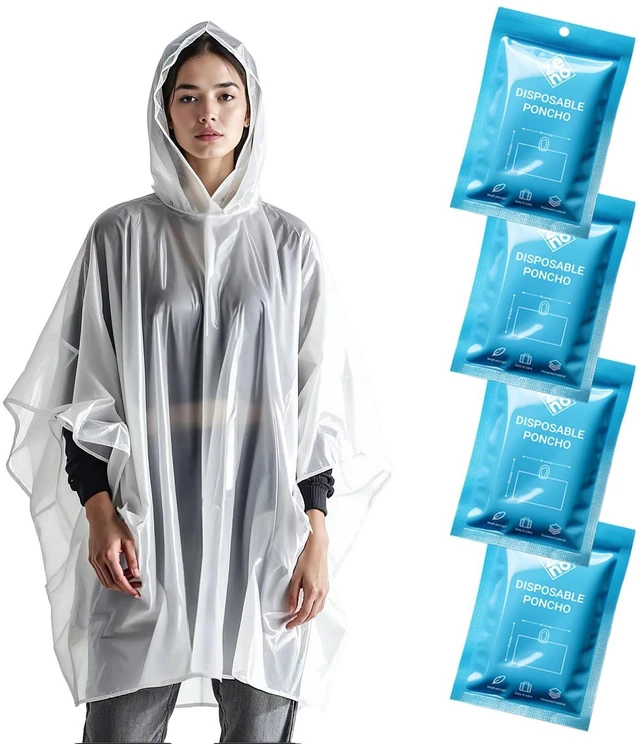Main image of Disposable Rain Ponchos for Adults - Clear Ponchos with Hood, Compact and Clear, Emergency Poncho - Rain Poncho - Ponchos Adult - Travel Rain Poncho Hiking, Camping - Ponchos Bulk (Pack of 4)